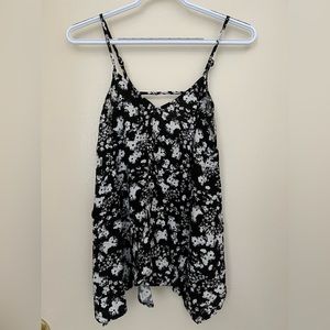 Black White Pattern Floral Asymmetrical Tank Top